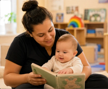 A caregiver reading to a baby in the infant room