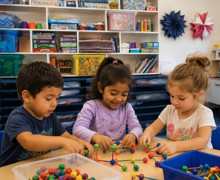 Children building together with connecting toys