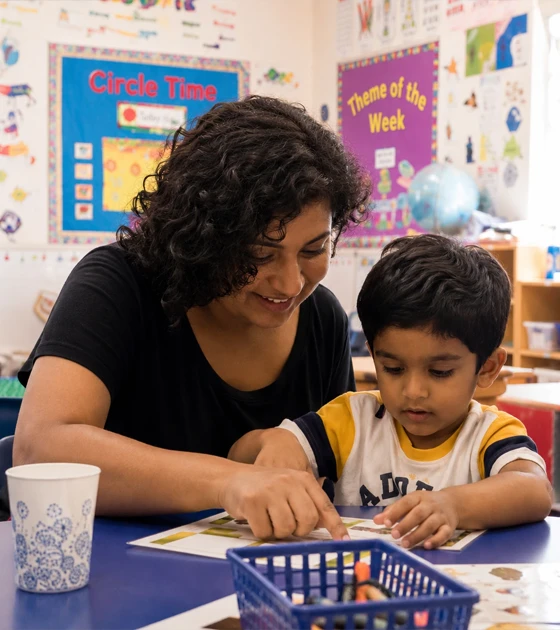 A teacher and child working on an activity together at Magic Hours